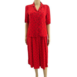 American VINTAGE Carole Little US 8 80's Red Floral 100% SILK Skirt Suit Set